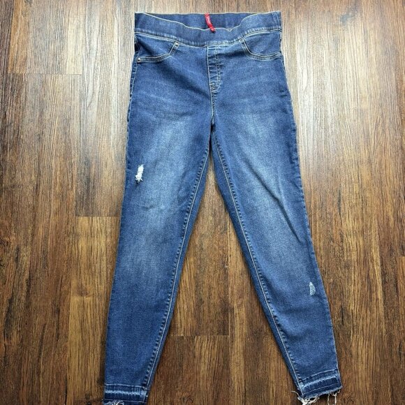 Spanx Distressed Ankle Skinny Jeans Women’s Size L Medium Wash Raw Hem High Rise - Picture 1 of 11